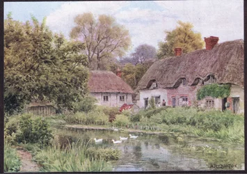 Domki nad jeziorem, niedaleko Salisbury w Wiltshire, z The Cottages and the Village Life of Rural England, wydanej przez Dent & Sons Limited, 1912